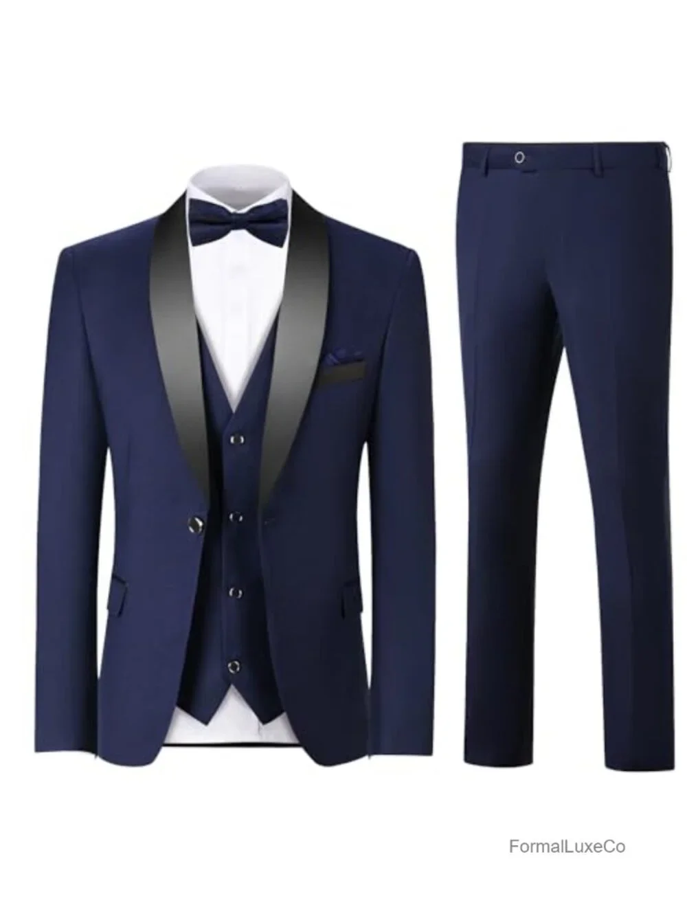 Men's 3 Piece Slim Fit Tuxedo Set with Bow Tie & Pocket Square